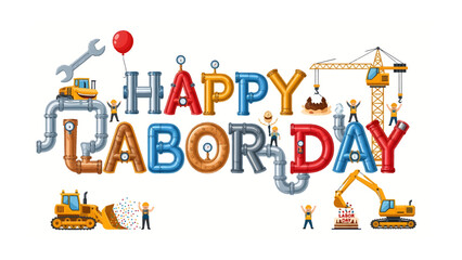 Naklejka premium Happy Labor Day with Industrial Theme: A vibrant illustration celebrating Labor Day, featuring the words Happy Labor Day constructed from pipes, tools, and construction elements.