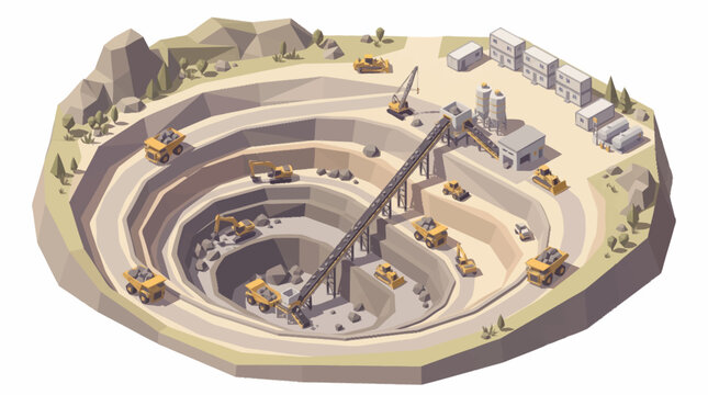 Open pit mine with heavy machinery and processing plant.