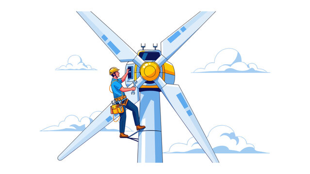 Wind Turbine Maintenance: A technician in a hard hat diligently works on a towering wind turbine, surrounded by a bright sky with soft clouds, embodying the renewable energy sector.