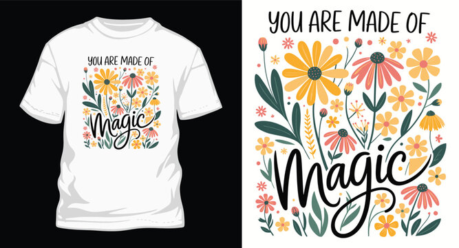 You are made of magic floral typography graphic design with daisy plants vector illustration for fashion apparel printing on white cotton t shirt garment.