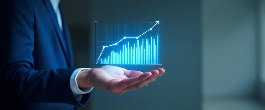 Hand presenting holographic investment growth stocks symbol representing investment growth stocks in empty space background concept as A hand showcases holographic investment growth stocks symbol illu