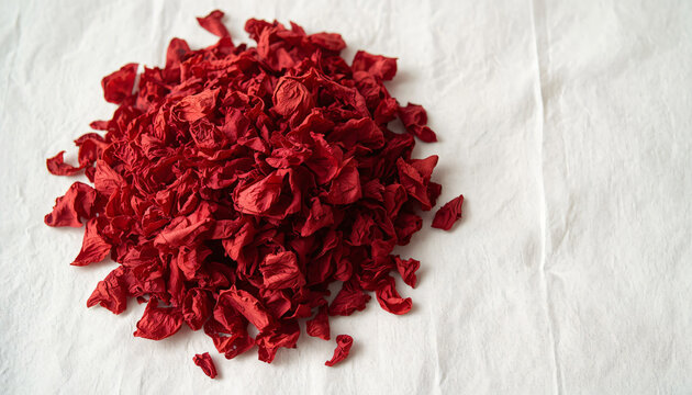 Dried Red Hibiscus Flower Petals Heap on White Linen