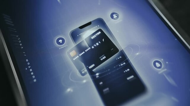 Stylized representation of a smartphone displaying a virtual credit card with high-tech aesthetic