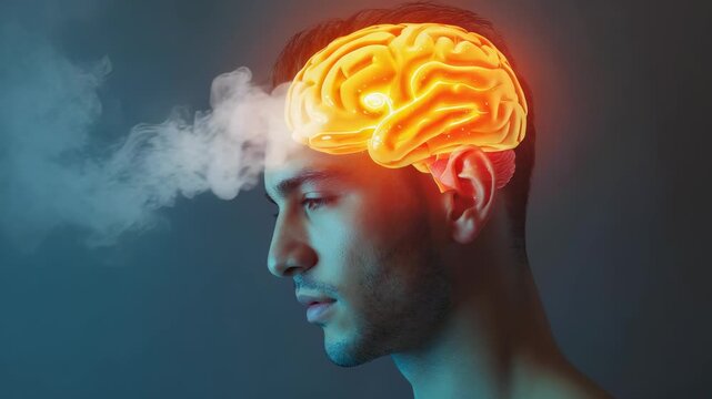 Conceptual illustration of human intellect and thought process, showing a glowing, stylized brain emitting steam from a focused man's head