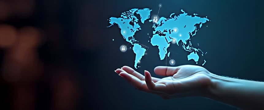 Hand interacting with holographic EDI device displaying global data transfer digital security information exchange icons in empty space concept as Hand engages with holographic EDI device showcasing g