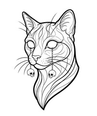 Obraz premium Cat head with skull earrings outline for coloring page isolated on white