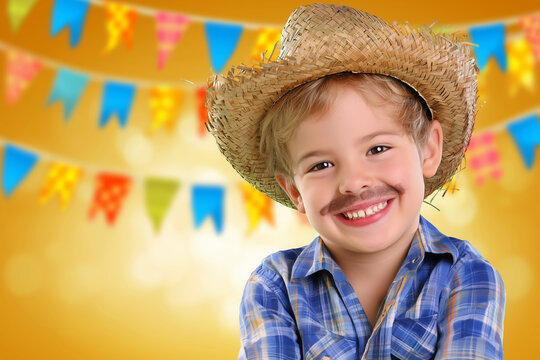 Brazilian boy for June festival with decorated background and space for text