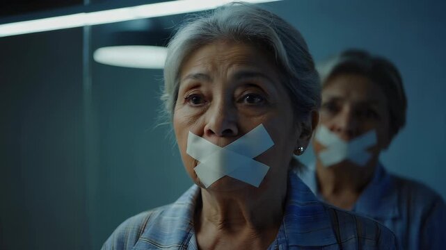 Mature woman wearing a bandage across her nose, symbolizing illness, confinement, or medical treatment in a softly lit indoor setting
