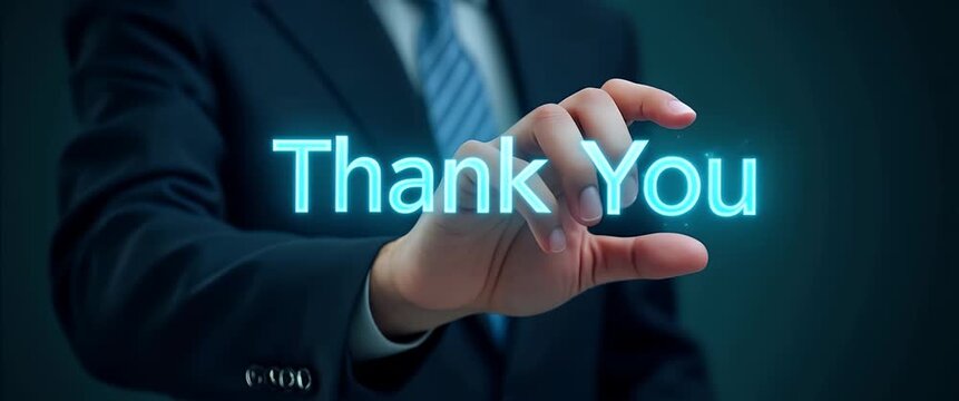 Hand interacting with holographic thank you message interface showing glowing Thank You symbols in empty space concept as Hand interacts with holographic thank you message interface displaying glowing
