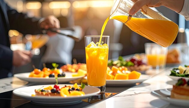 Close up of a person pouring fresh orange juice into a tall glass with ice cubes at a fancy breakfast buffet with blur background atmosphere.