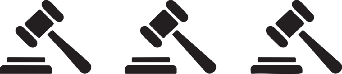 Fototapeta premium Three distinct black judge gavel icons arranged in a row representing legal authority justice system proceedings and courtroom judicial power