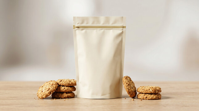 Professional biscuit packaging mockup with stack of cookies on a wooden surface, isolated on blurred background