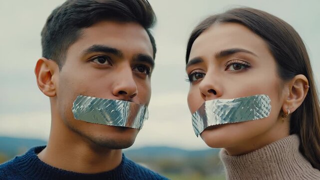 Conceptual portrait of young couple with their mouths covered in aluminum foil, symbolizing silence, censorship, or suppressed communication outdoors
