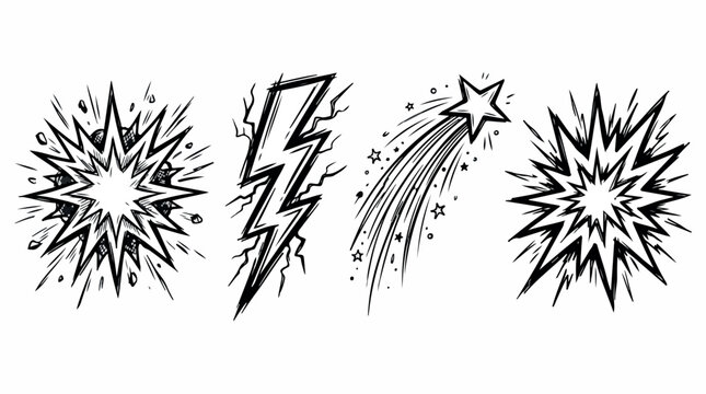 Comic book style explosion and lightning bolt vector set, hand drawn pop art star and flash elements, black and white sketch action icons