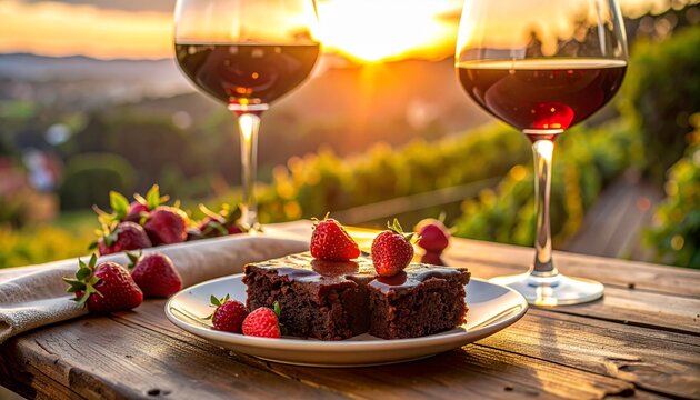 Romantic evening setting with two glasses of red wine and chocolate brownies with fresh strawberries on a wooden table at golden sunset hour.