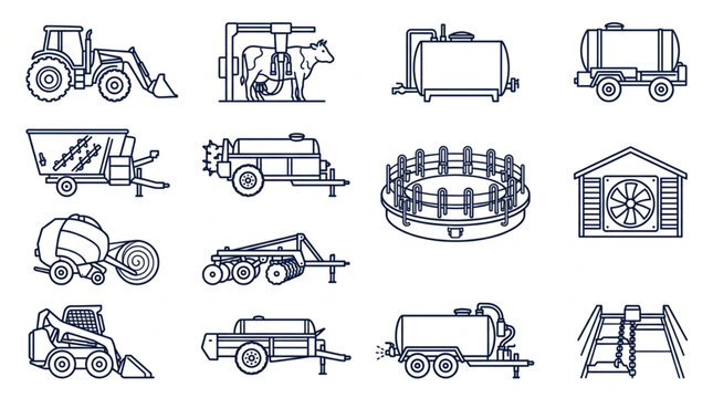 Collection of Agricultural Farm Equipment and Machinery Icons.