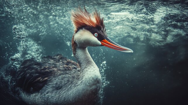 Great crested grebe swims underwater creating a stream of oxygen bubbles.
