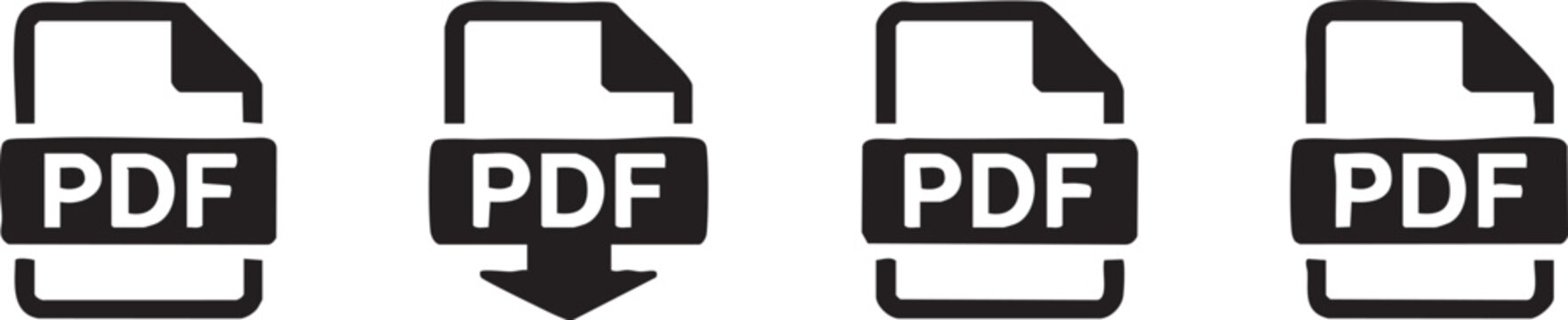Four distinct black and white vector icons representing various portable document format file symbols for digital interface design projects