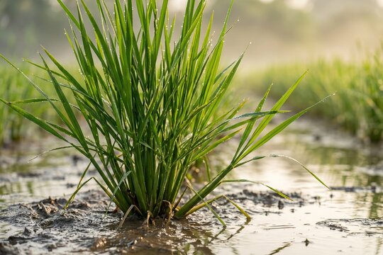 Description

Close-up photo of healthy rice plants growing in muddy water in a paddy field during the tillering stage. Fresh green rice leaves with water reflections and soft golden morning sunlight, 
