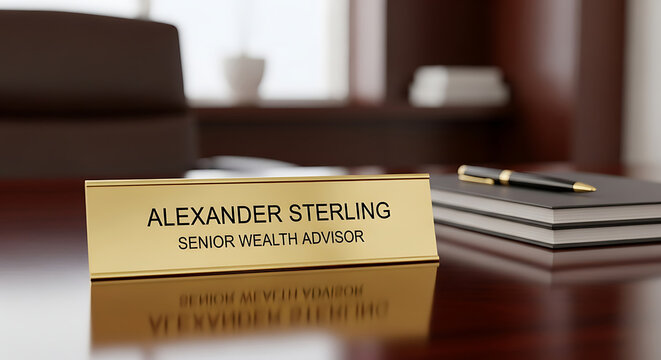 Professional banking identity and financial services authority concept featuring an elegant gold nameplate on a corporate office desk representing executive leadership and fiscal expertise