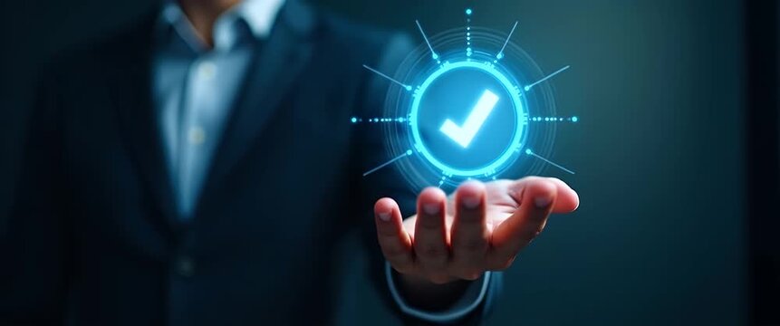 Businessman holding holographic digital check mark icon symbolizing standard quality control certification assurance guarantee for automation process in empty space concept as Businessman holds hologr