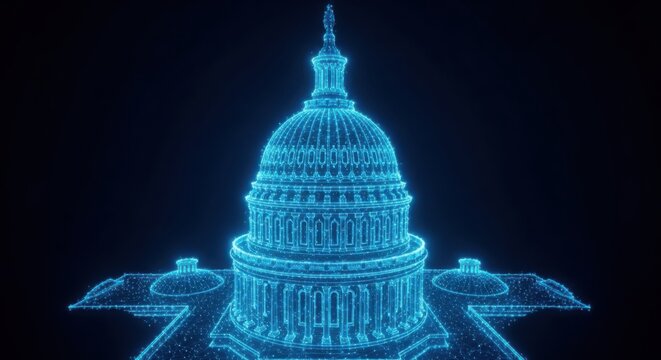 A blue pixelated image of the us capitol building with fighter jets