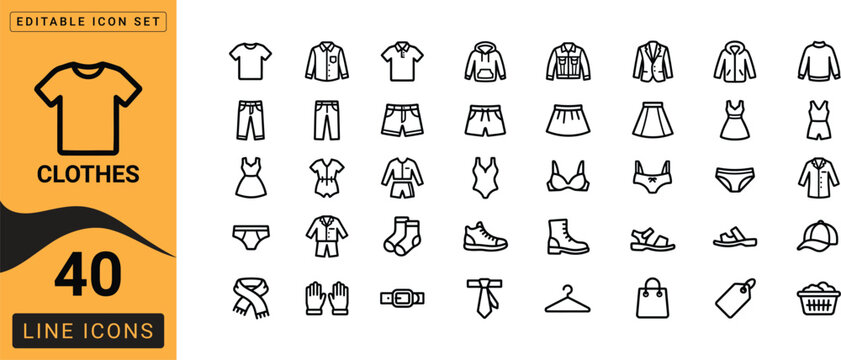 Clothes line icons set editable stroke vector illustration for fashion apparel