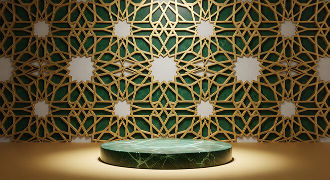 Ornate Geometric Gold Pattern Wall Behind Green Marble Podium in Elegant Interior