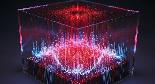 Macro view of an intense red energy surge displaying jagged data spikes inside a virtual glass cube interface.