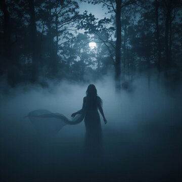 Mysterious woman silhouette walking through a dark misty forest at night under a bright full moon, ethereal fantasy landscape.