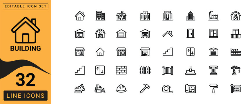 Building real estate line icons editable stroke vector illustration set