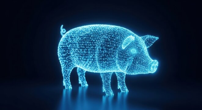 A blue pig made out of pixels on a black background