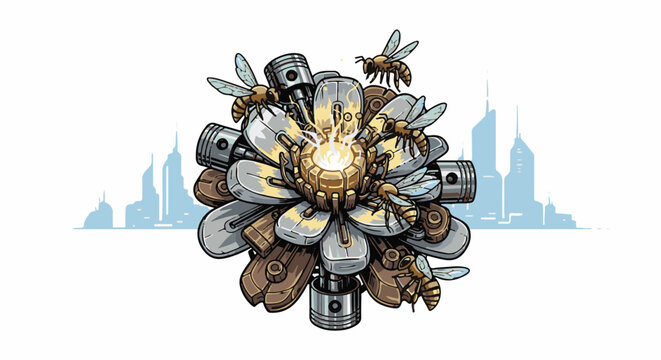 A mechanical flower with pistons and bees buzzing around a bright center