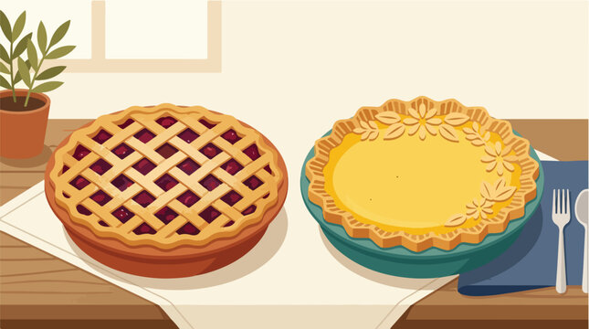 Delicious homemade fruit pies and a freshly baked lemon tart displayed on a wooden table for dessert or baking enjoyment
