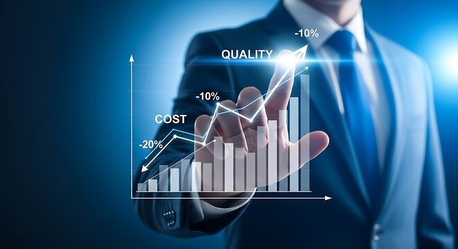 Business performance growth chart, businessman pointing at quality and cost reduction graph, financial data analysis for corporate strategy success