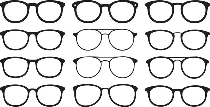 Collection of diverse black spectacles frames displayed in a simple grid pattern as a professional vector illustration for creative projects