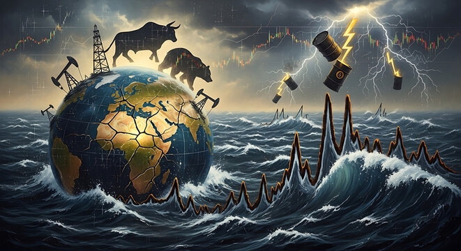 Dramatic representation of oil price volatility illustrating crude petroleum market fluctuation with financial charts and fuel pump silhouettes for energy sector instability concept.