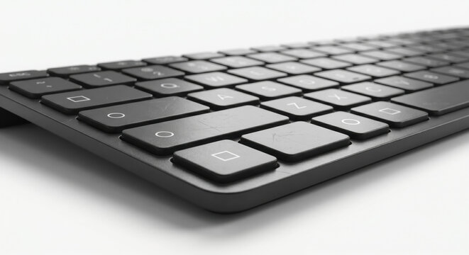 A close up angled view of a dark gray modern computer keyboard with visible scratches on the keys