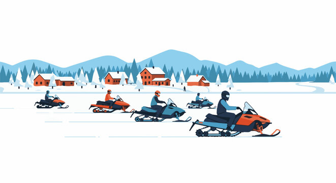 A group of people on snowmobiles ride across a snowy landscape with cabins