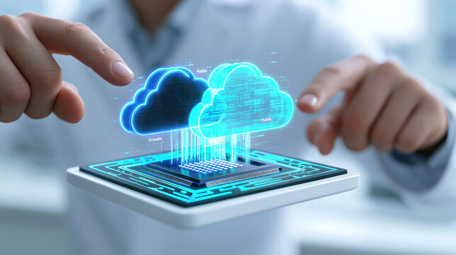 Cloud computing data transfer hologram over microchip with hands interacting, futuristic digital interface and hybrid private public cloud