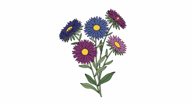 A colorful bouquet of aster flowers with purple, blue, and pink petals and yellow centers
