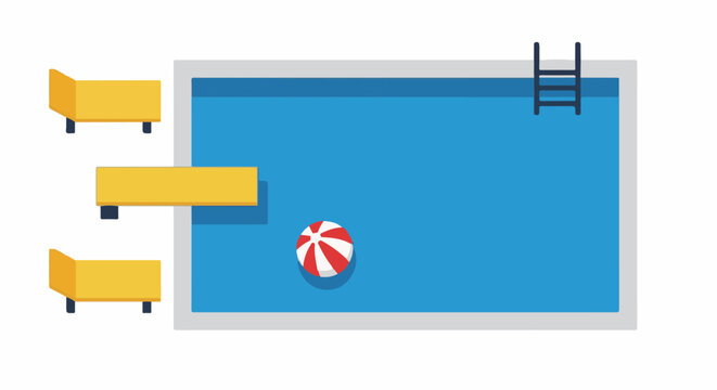 A cartoon swimming pool with a diving board, ladder, beach ball, and loungers