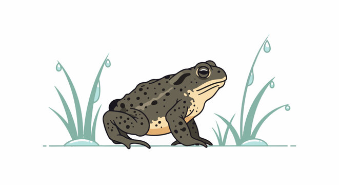 A cartoon toad sits in the grass with dew drops on the blades