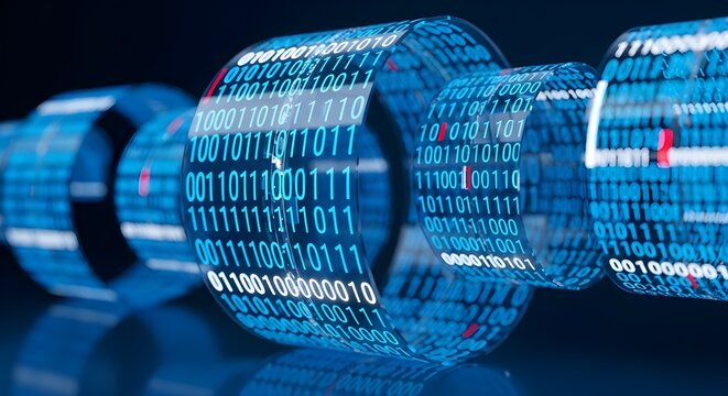Digital Data Chain, Binary Code Stream, Futuristic Technology Network, Abstract Blue Information Flow