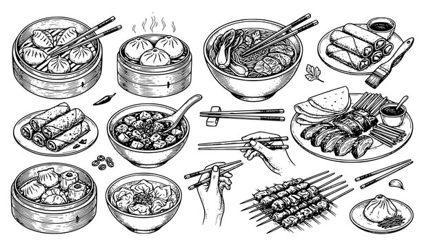 Hand Drawn Chinese Food Sketch Vector Set with Dumplings Noodles Baozi and Peking Duck