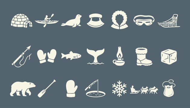 Arctic life and indigenous winter culture flat vector icon set for educational infographics