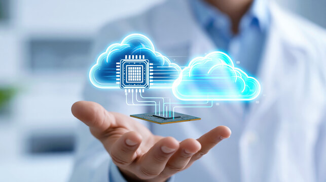 Cloud computing chip circuit processor microchip board cloud network data center connection technician hand holding futuristic hologram