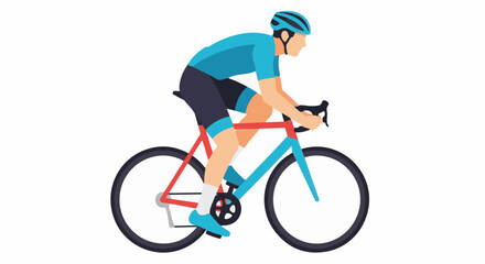 Fototapeta premium A cyclist in a blue jersey and dark shorts races forward on a red and blue bicycle