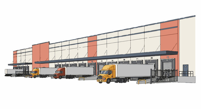 A long warehouse building with multiple loading docks and trucks ready for delivery