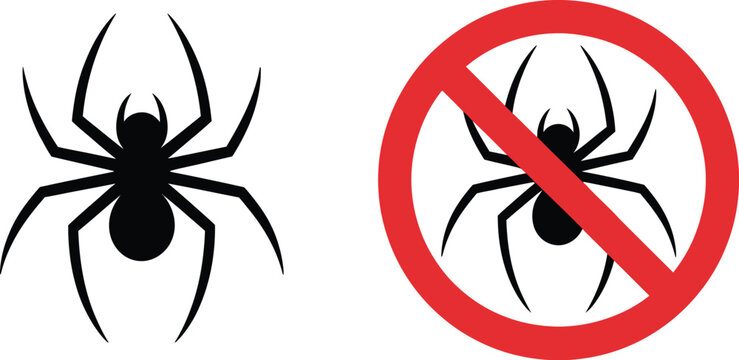 Spider icon and anti spider no insects prohibition red circle warning sign vector illustrations isolated on white background